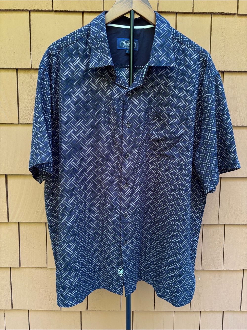 NAT NAST | Navy & Black 90s Y2K Silk Blend Retro Lounge Camp Shirt | Size XL